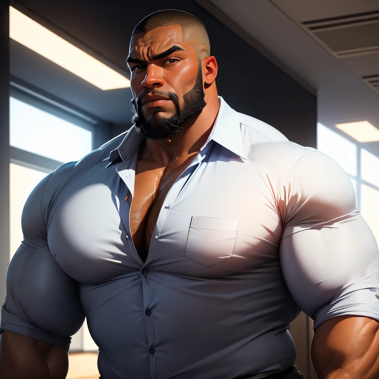 an exaggeratedly muscular and large bodyguard, beefy build, beard, dark-skinned african american male, buzzcut hair with square line, (confused expression: 1.2), (wearing business shirt: 1.2), (bara pecs: 1.3), beefy pecs, (arm and chest hair: 1.2), portrait HD, (fluorescent office building)