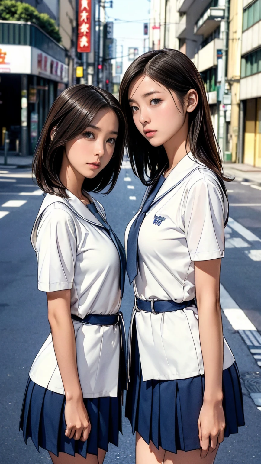 ((Highest quality)), ((masterpiece)), (Detailed boobs),(Very slim:1.7), (Perfect Face:1.8), (Perfect Eyes), (Very detailed), (Perfect detail) ,Very detailedな顔と肌の質感, (Perfect body), (Perfect Face), (((Two girls side by side:1.5))), Very detailedな目, ( Uniform), White shirt with front opening, Ultra short thigh-length dark blue pleated skirt, tie, Beautiful breasts, (Medium milk:1.5),Very slim legs, short hair, (On a street corner in Tokyo, Outdoor), (Cowboy Shot), (No makeup:1.2)、(No makeup:1.5)、(Very thin thighs)、 (13-year-old girl:1)、Byes, rowsing Caution:1.0))
