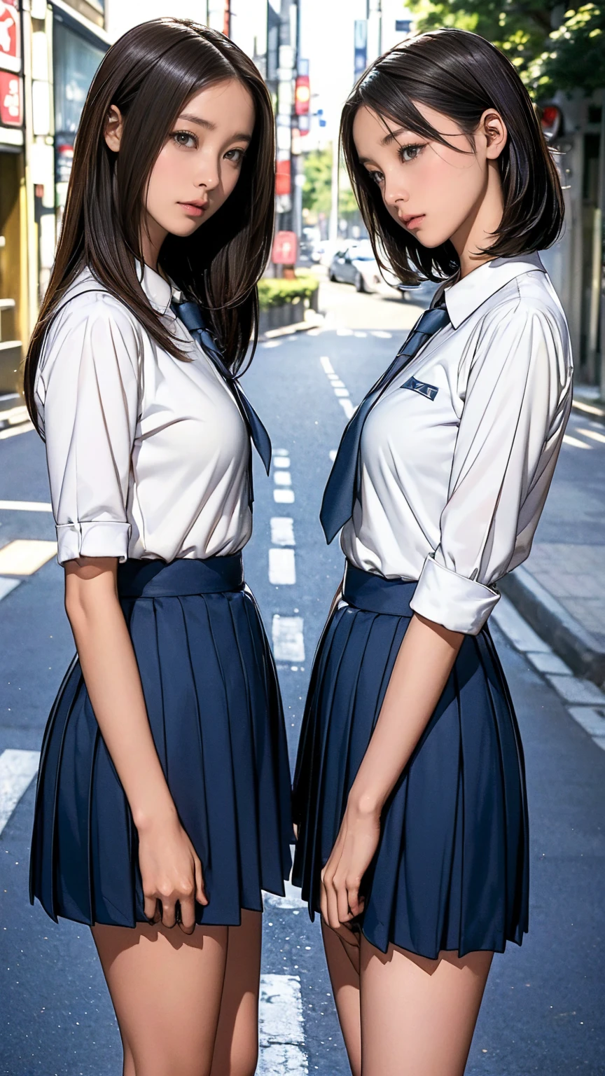 ((Highest quality)), ((masterpiece)), (Detailed boobs),(Very slim:1.7), (Perfect Face:1.8), (Perfect Eyes), (Very detailed), (Perfect detail) ,Very detailedな顔と肌の質感, (Perfect body), (Perfect Face), (((Two girls side by side:1.5))), Very detailedな目, (Junior High School Uniform), White shirt with front opening, Ultra short thigh-length dark blue pleated skirt, tie, Beautiful breasts, (Medium milk:1.5),Very slim legs, short hair, (On a street corner in Tokyo, Outdoor), (Cowboy Shot), (No makeup:1.2)、(No makeup:1.5)、(Very thin thighs)、 (13-year-old girl:1.2)、Big eyes, ((Browsing Caution:1.0))