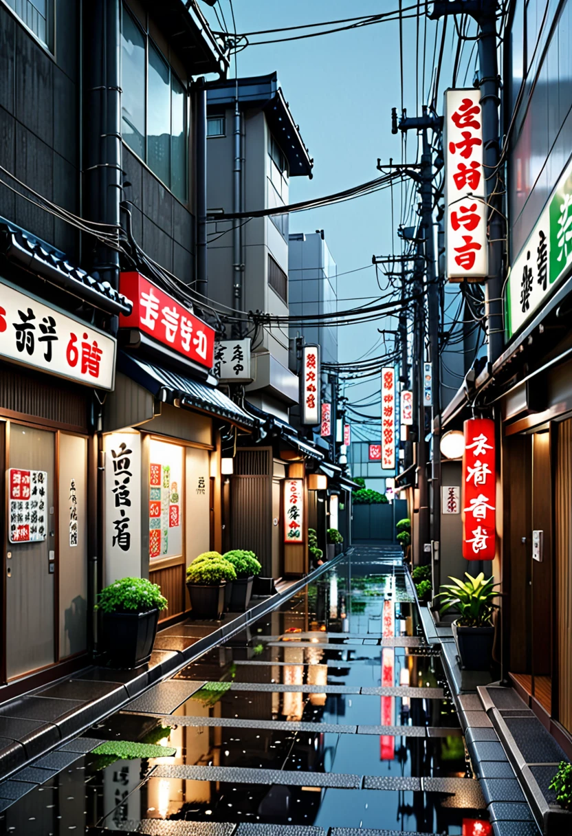 Sad man walking down the street.; Modern Tokyo skyscrapers at night, reflection on the river, futuristic city lights, sleek and minimalist architecture, cyberpunk vibes, neon-soaked cityscape. no one in sight, no people, best quality, anime, anime style, lofi, anime background, anime wallpaper, anime, anime style, lofi, lofi style, modern japanese street, modern japanese architecture, japanese convenience store, big retro japanese shop signs, retro japanese store, trees, plants, rocks, plant pots, shop signs, japanese banners, japanese signs, flags, empty street, no one in sight, (no one: 1), (realistic,photorealistic:1.37), narrow anime street, urban, compact, masterpiece, high details, best quality, super detail, high quality, narrow japanese urban alleyway, japanese shop signs, japanese signs, japanese banners, banners, plant pots, plants, trees, grass, cobble path, trash cans, nigh time, dark, street lights,, air vents, gutters, telephone wires, wires, cables, air ventilation systems, lanterns, rain, raining, heavy rain, dramatic weather, puddles on the floor, rain falling from the sky, rain drops, best quality, masterpiece,