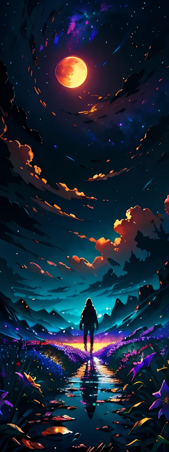 expansive landscape photograph , (a view from below that shows the sky above and the open countryside below), a girl standing in the flower field looking up, (fullmoon:1.2), ( shooting stars:0.9), (nebula:1.3), distant mountain, tree BREAK production art, (Warm Light Source:1.2), (firefly:1.2), light bulb, lot of purple and orange, details Intricate, BREAK Volumetric Lighting
(work of art:1.2), (best qualityer), 4K, ultra detali, (dynamic composition:1.4), highy detailed, colorful details,( Iridescent Colors:1.2), (Bright lighting, atmospheric lighting), Dreamers, magical, (standing alone:1.2)