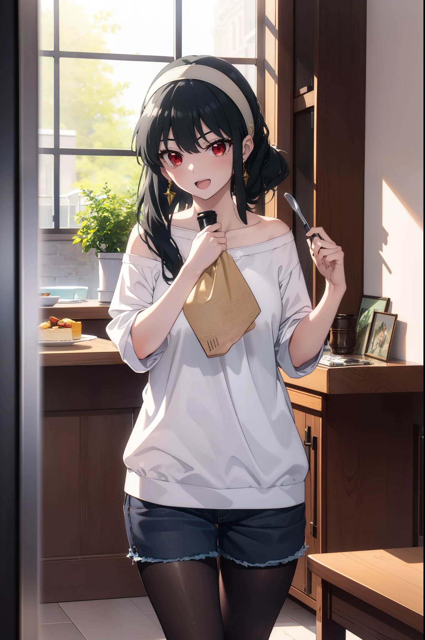 Yorbraia, Yor Briar, Black Hair, (Red eyes:1.5), Earrings, gold hair band, hair band, Long Hair,  (Medium ?????:1.2), happy smile, smile, Open your mouth,Oversized one-shoulder t-shirt,Shorts,Black pantyhose,short boots,,whole bodyがイラストに入るように,Walking,food, drink, Tables and chairs, cleaning, tray, tray in one hand
break indoors,room,living,
break looking at viewer, whole body,
break (masterpiece:1.2), Highest quality, High resolution, unity 8k wallpaper, (figure:0.8), (Beautiful attention to detail:1.6), Highly detailed face, Perfect lighting, Highly detailed CG, (Perfect hands, Perfect ???????),