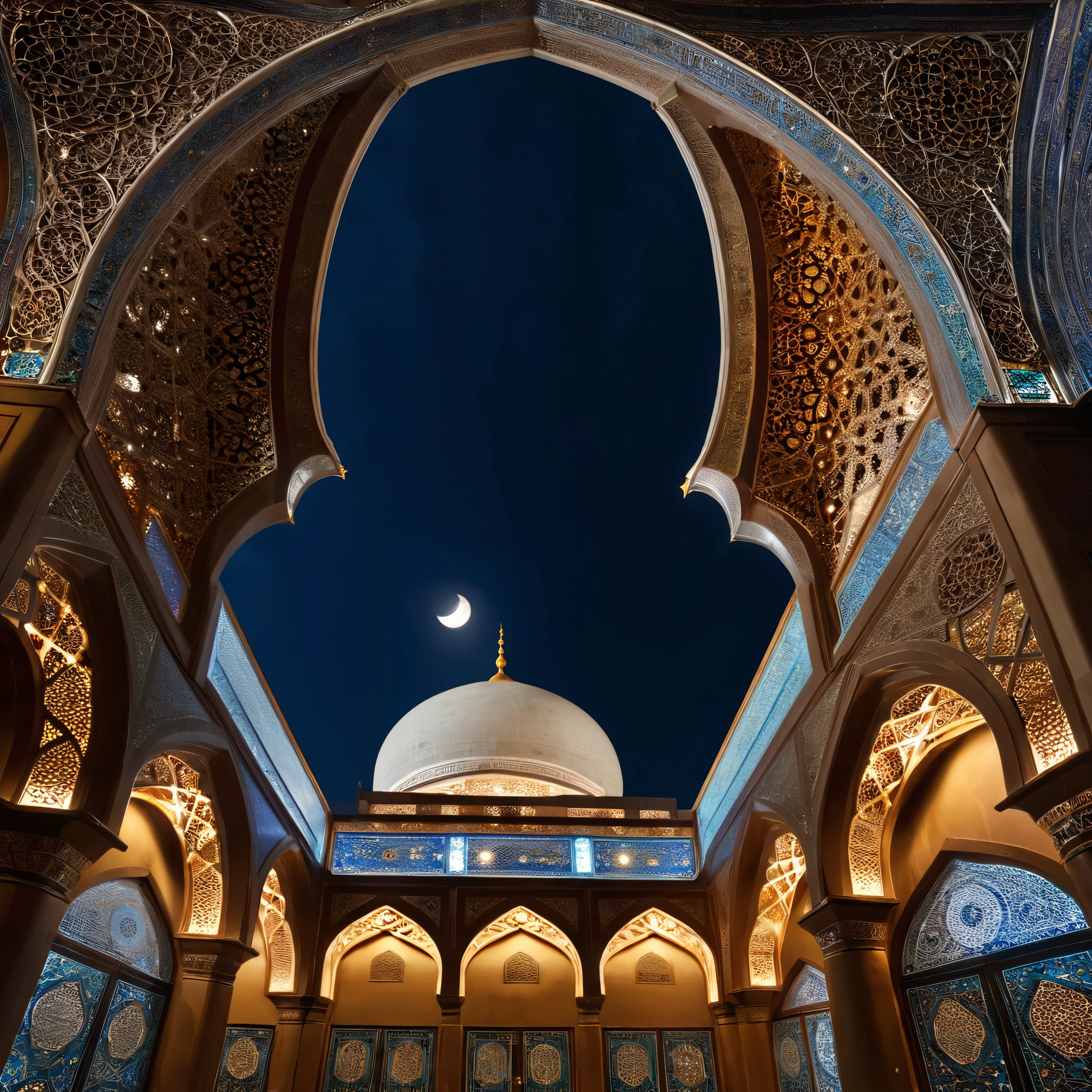 Beautiful arabesque ceiling、Mosque、interior、Super detailed photos、Perspective angle、Night view with the moon