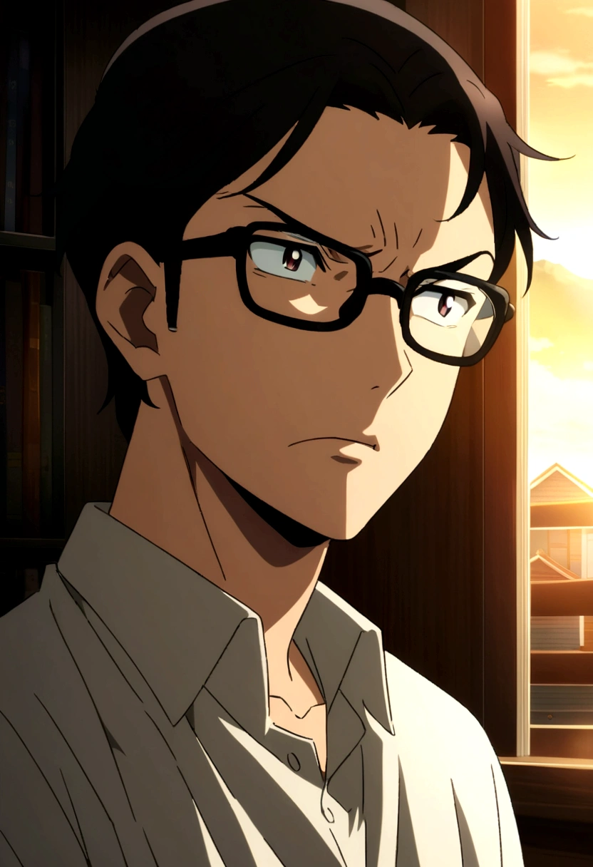 Man with glasses, Study in your room,Anime movie taste,Serious expression,The setting sun shines in