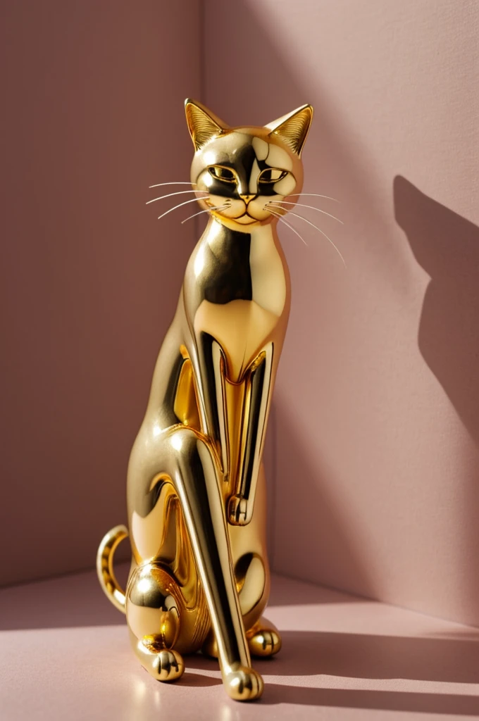 A sculpture of a cat made from a single gold thread. The figure captures a sense of innocence and purity, appearing delicate and ethereal. The thread is intricately twisted and shaped to form the outline and details of the cat's body, and halo, emphasising qualities while maintaining abstraction. The sculpture is placed on a shiny black base, set against a pink background that highlights the reflective properties of the gold thread.