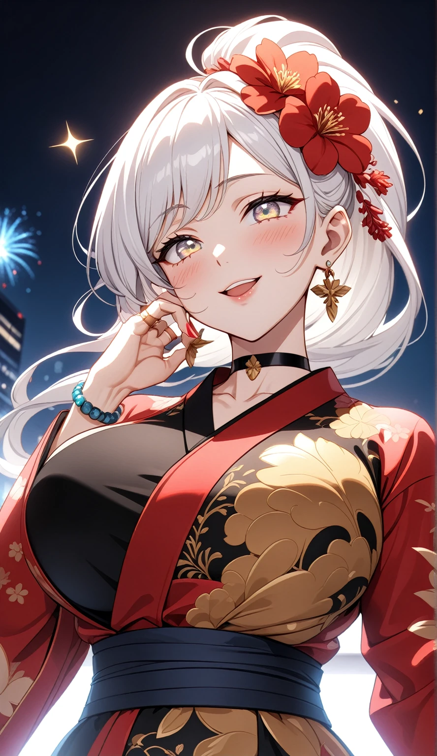 ((One personの女性)), Beautiful Face,((laugh)),((Wink:1.9)),((Touch your lips)), Laugh with your mouth wide open,((Bright red cheeks:1.4)),Shiny red lips,night,rooftop,You can see the ocean, firework,Laughing with your mouth open,Glossy pink lips,Facial lighting,((Anime style background)),masterpiece, Highest quality, so beautiful,up to date, Complex details, (Pink long nails),(ring),(bracelet),(choker),AI-generated, Complex,High resolution, Highest quality, super high quality,3D Images、3D Images,One person,Long white hair,High Ponytail,(Pale eyes),Anime woman posing for a photo, ((Narrow eyes、Silvery white colorful eyes、Shining Eyes:1.4)),(Squint your eyes:1.1),a hyperRealistic , hyperRealistic , Realistic,Anime woman with long white hair, Smooth anime CG art, A woman in a colorful kimono with gold embroidery, (Black long sleeve kimono),Red floral pattern,Long flower hair ornament,Earrings,Mature Body,(Big Breasts:1.1),expensive,Abdominal muscles,Tight waist,(Zoom up to face:1.7),Shooting from diagonally below