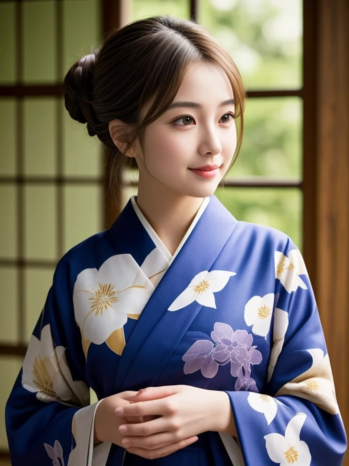 1 Japanese girl, (Looking at Viewer
:1.4), Staring Intently, (upper body shot:1.2), Beautifully detailed eyeballs, catchlight in the eyes, Realistic digital painting of a woman portrait, Shy, Cute, happy smile, brown eyes, (half updo,:1.1), (light brown brunette hair:1.3), (Highly detailed skin:1.2), Mystical style, Global Illumination, Traditional Japanese floral printed Kimono, A silk kimono with a deep indigo base.