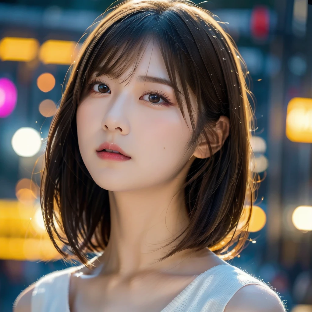 (RAW Photo, Best Quality), (Realistic, Photo Realistic: 1.3), Best Quality, Highly Detailed, Masterpiece, Ultra Detailed, 1 Girl, upper_body, Dynamic Angle, Extremely Detailed CG Unified 8k Wallpaper, Ink, Amazing, Movie upper_body, under_body, World Mastery Theater, messy_long_hair, Best Quality, Extremely Detailed CG Unified 8k Wallpaper, Ink, Amazing, Movie Lights, lens_flare, Detailed Face, (Deliberate expression: 1.5), sony master shot, woman posing for photo in front of tv, hi-res screenshot, nicovideo, normal hands, nice studio lighting, vhs screenshot, beautiful fine face black hair,japanese girl,age20,singer, popstar, stage ,stage lightining, ( portable microphone:1.3), dance, white-idol costume,cool beauty,