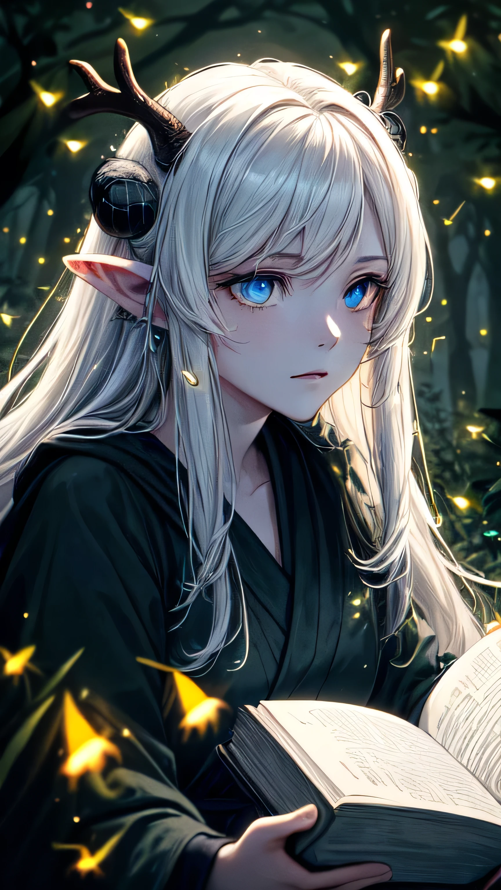 Masterpiece, Best Quality, High Quality, (Long Hair, White Hair), (glowing light blue eyes), (Darkness:1.2), (Fair Skin), (1Lady, Mythical Creatures, Dark Green Robe, Solo, Calm, Deer horns, (dynamic angle), pointy_ears, magic book, Nature, Fantasy, Abstraction, Deep Forest, Dark Forest, Award-winning photography, Depth of field, HDR, Very detailed, Trending in art stations, Trending in CGsociety, Complex, High detail,(Masterpiece:1.2, Best Quality), (Best Lighting, Very Delicate and Beautiful), (Best Lighting, Very Delicate and Beautiful), (Beautiful Detailed Face), (Detailed Eyes and Detailed Face:1.2), Dark Fantasy, (depth of field),high contrast, (darkness night:1.4), (fireflies:1.4), Magnificent Dark Forest