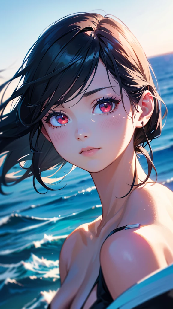 1girl, black hair, (((holding white paper))), (((facing paper towards camera,))) swimsuit, red eyes, ocean, blue sky, light reflecting on ocean, beautiful, (best quality,4k,8k,highres,masterpiece:1.2),ultra-detailed,(realistic,photorealistic,photo-realistic:1.37),anime style,vibrant colors,dramatic lighting,detailed facial features,long eyelashes,detailed skin,detailed clothing