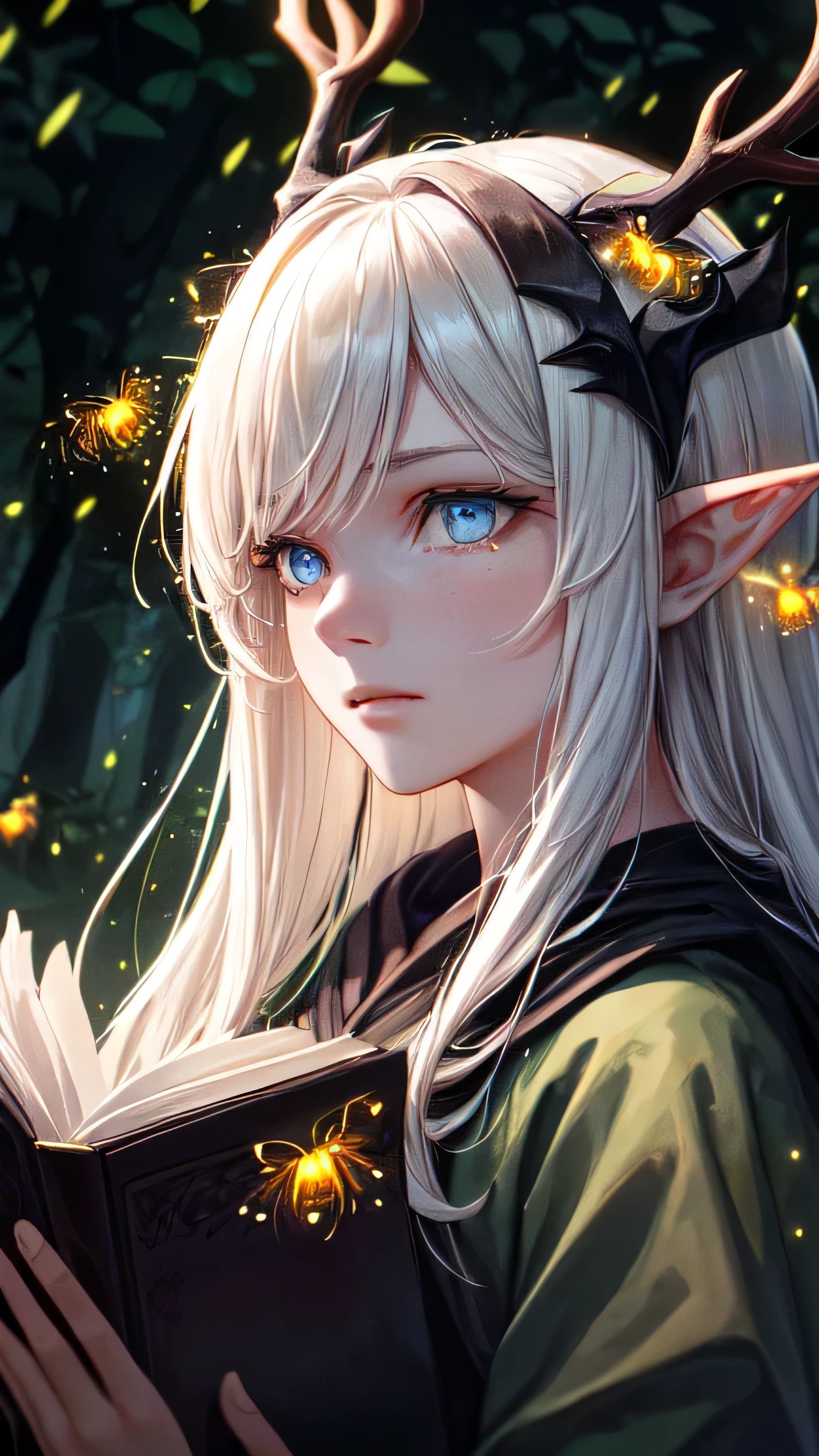 Masterpiece, Best Quality, High Quality, (Long Hair, White Hair), (glowing light blue eyes), (Darkness:1.2), (Fair Skin), (1Lady, Mythical Creatures, Dark Green Robe, Solo, Calm, Deer horns, (dynamic angle), pointy_ears, magic book, Nature, Fantasy, Abstraction, Deep Forest, Dark Forest, Award-winning photography, Depth of field, HDR, Very detailed, Trending in art stations, Trending in CGsociety, Complex, High detail,(Masterpiece:1.2, Best Quality), (Best Lighting, Very Delicate and Beautiful), (Best Lighting, Very Delicate and Beautiful), (Beautiful Detailed Face), (Detailed Eyes and Detailed Face:1.2), Dark Fantasy,  (depth of field),high contrast, (darkness night:1.4), (fireflies:1.4), Magnificent Dark Forest