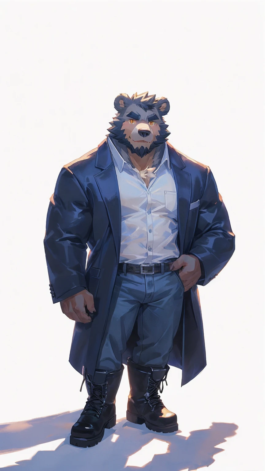 (masterpiece:1.2), best quality,pixiv,official art,perfect , (Ray tracing, light),solo, (1_male:1.3) , (muscle), (grey fur:1.4), (muscle bear), (beard:1.2), (gleaming golden eyes), bear tail, Thick eyebrows,(), (shirt inside:1.2), jeans, (boots:1.2), (pure white background: 1.3)