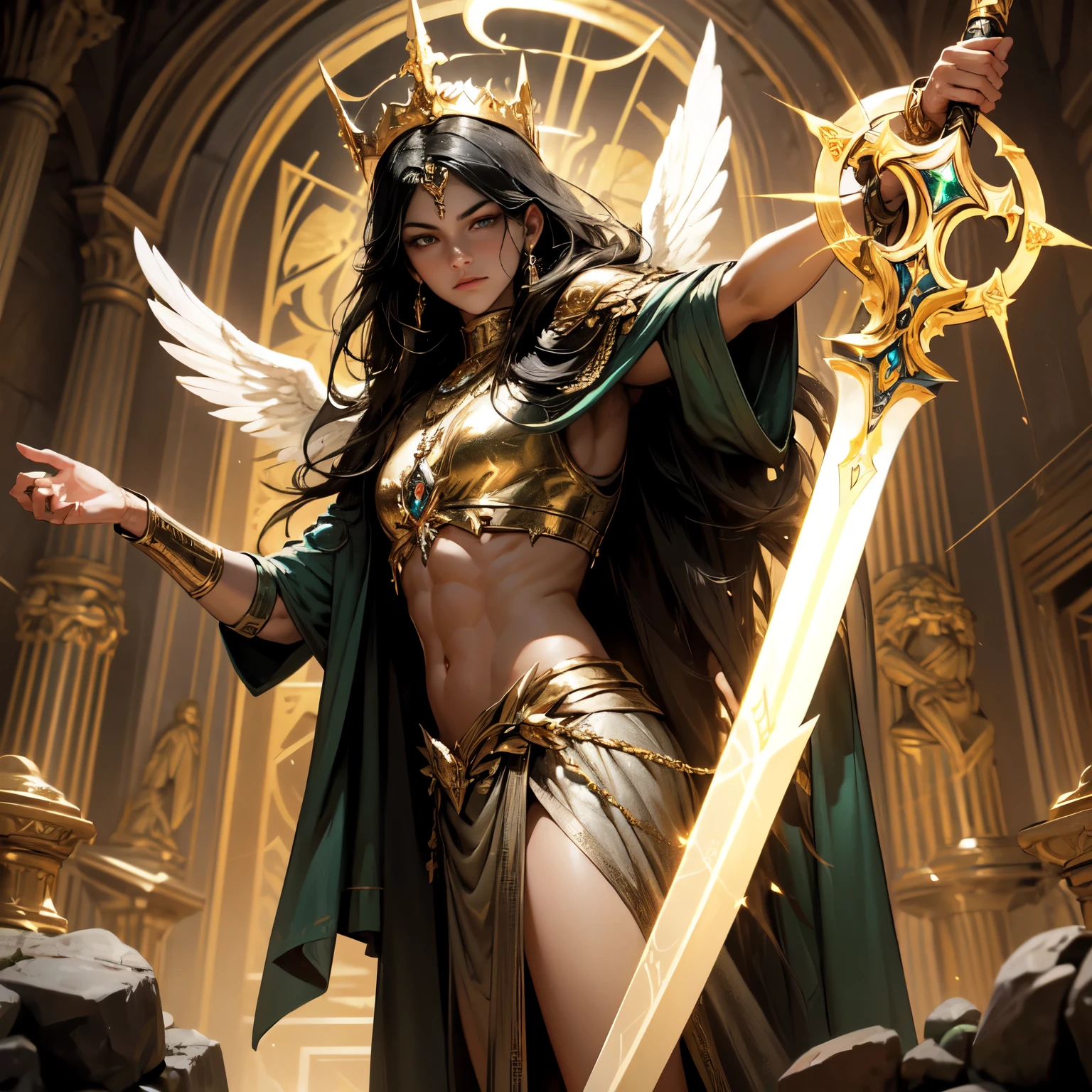 Create an 8K ultra HD digital image of a majestic giant, muscular, black-haired Aasimar, long and shiny, in the secret chamber of the castle. The Aasimar has silver eyes and golden skin. He is dressed in royal attire, including a green velvet cloak with gold and silver details, Adorned with magical jewels that glow softly. He wears a golden crown with precious stones, gold bracelets on her wrists and a magical amulet around her neck. In the secret chamber, the Aasimar wields the Sword of Zeus. The sword is made of celestial gold and emits golden rays, with divine inscriptions along the blade that shine brightly. The hilt of the sword is adorned with small rays and lightning., symbolizing his supreme power. He holds the sword in a pose of discovery, ready to uncover hidden secrets, while electric sparks dance around you. The Sword of Zeus is known for its ability to control thunder and lightning, and an aura of divine power emanates from her. The secret chamber is mysterious, with ancient stone walls covered in moss and arcane symbols etched into metal doors. Torches cast a flickering light, revealing locked safes and ancient artifacts. The image should capture the mystery and tension of the secret chamber, highlighting the Aasimar and its interaction with the Sword of Zeus.