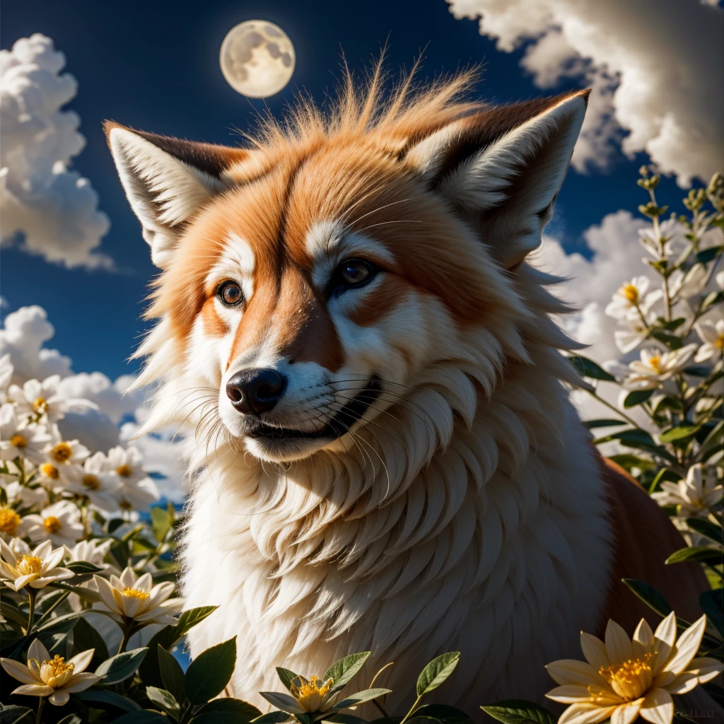 Splash art, luminism, fantasy acrylic, digital painting, majestic fox. Magical fantasy white fox closeup, magical creature made of flowers, birds, moon and star colors, big reflective eyes, colorful paint splash style, paint drops, color waves, close-up portrait, color drips, fairy tale, dynamic lighting, art station, Peter Maubacher, broadcast, wow, masterpiece, golden glitter, bubbles,  smoke, sun rays