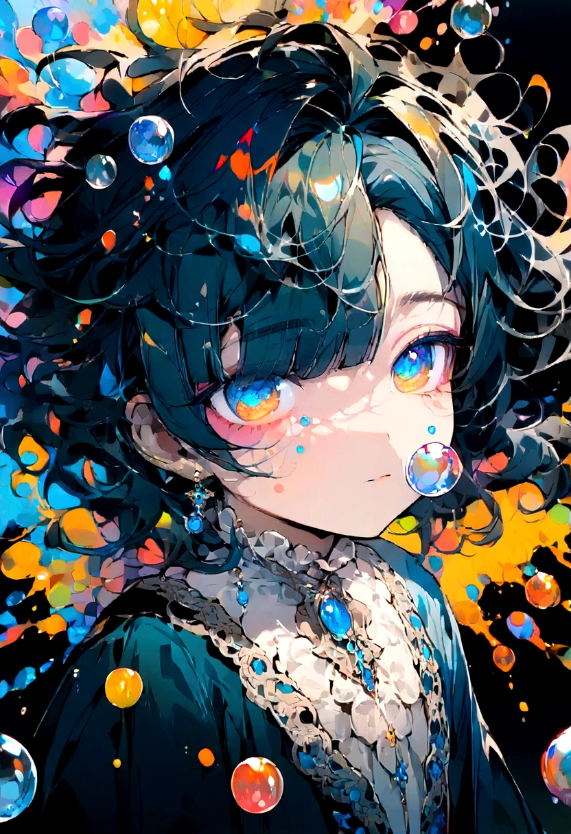 Xingqiu (masterpiece), (best quality), (Extremely detailed),(Messy hair),(illustration), (1 boy), Beautiful and delicate eyes,Delicate and beautiful face,floating,(High Saturation),(Colorful splash),Colored bubbles,(shining),Focus on the face