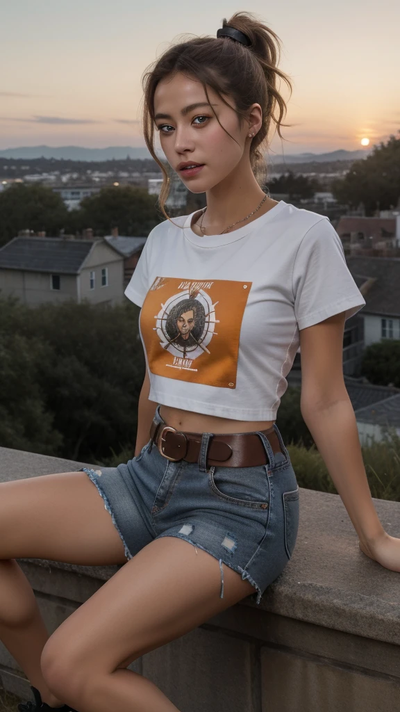 Highest quality, best quality, best shading and lighting, ultra quality, masterpiece, beautiful, 1girl, sunset on a lush hill besides a pine tree, the girl has a slightly tan white skin, she has very slightly curly blonde hair with warm highlights, the hair is tied back into a ponytail. The girl has slanted eyes, and GREY irises eye colour with both eyes, blurred irises with starlight inside them, she has a slightly annoyed expression as she sits on the hill. She is a teenage girl, also wearing an orange shirt with a laurel wreath symbol on the shirt with the words “Camp Half-Blood” on them. She is wearing a pair of washed-our short jeans, and she is wearing a pair of black vans sneakers. She has a small bronze dagger strapped to her waist.