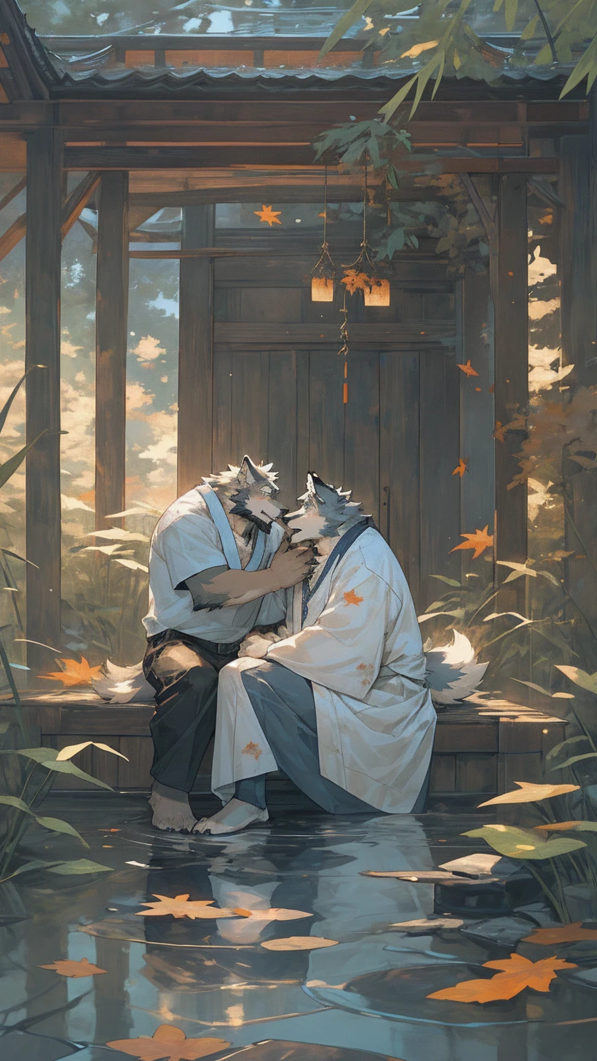 style"Qingzhang,A 24-year-old wolf-orc,Thin，Wearing whites to bed，Sit on a bamboo mat。Born into a scholarly family。He is tall and straight,With a pair of eyes as clear as autumn water。There is always a faint smile on the corner of my mouth,Revealing a bit of gentleness。"