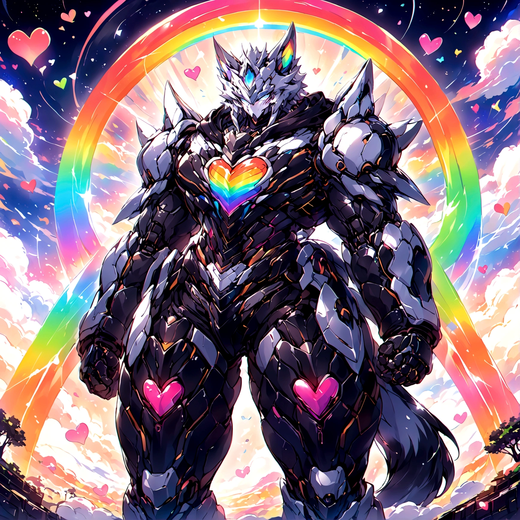 a cute adult male with wolf ears, long white hair, long locks, has a wolf tail, wearing a loose cropped black hoodie, wearing a pair of denim short shorts and fishnet stockings, thick thighs, wide hips, relaxing on mound of fluffy multi colored kawaii plushies, short, very slim, showing slender tummy, heart on hoodie, squishy thighs, has glowing blue eyes. alone, solo (ALONE)(SOLO), surrounded by rainbows, colorful galaxy backround
