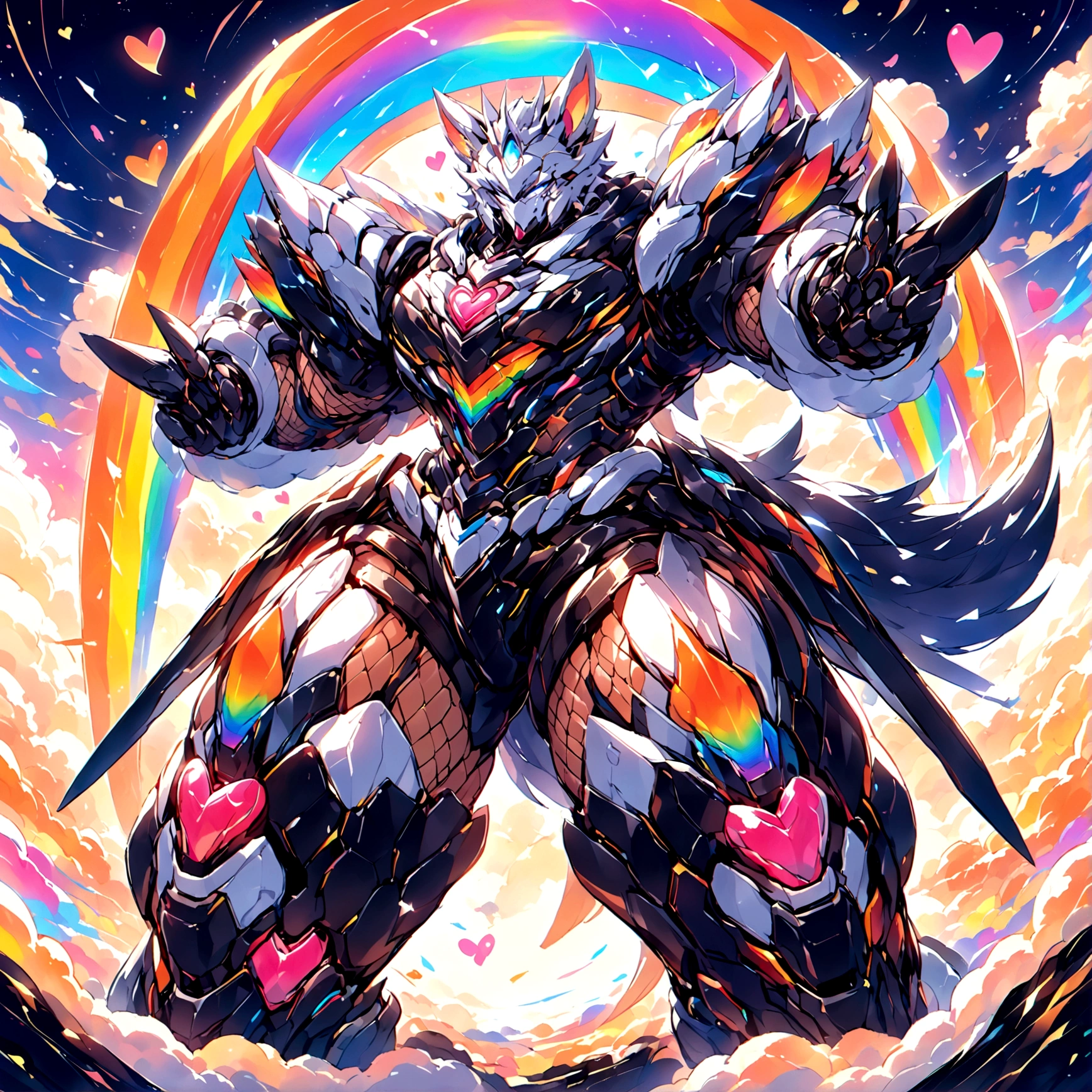 a cute adult male with wolf ears, long white hair, long locks, has a wolf tail, wearing a loose cropped black hoodie, wearing a pair of denim short shorts and fishnet stockings, thick thighs, wide hips, relaxing on mound of fluffy multi colored kawaii plushies, short, very slim, showing slender tummy, heart on hoodie, squishy thighs, has glowing blue eyes. alone, solo (ALONE)(SOLO), surrounded by rainbows, colorful galaxy backround
