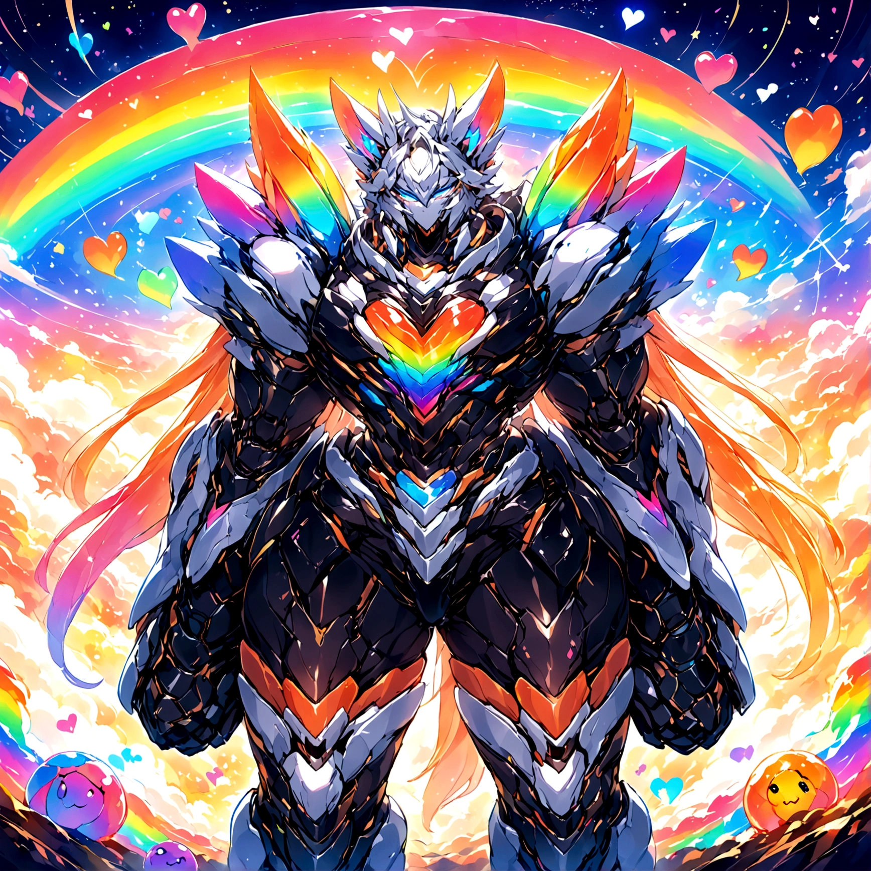 a cute adult male with wolf ears, long white hair, long locks, has a wolf tail, wearing a loose cropped black hoodie, wearing a pair of denim short shorts and fishnet stockings, thick thighs, wide hips, relaxing on mound of fluffy multi colored kawaii plushies, short, very slim, showing slender tummy, heart on hoodie, squishy thighs, has glowing blue eyes. alone, solo (ALONE)(SOLO), surrounded by rainbows, colorful galaxy backround