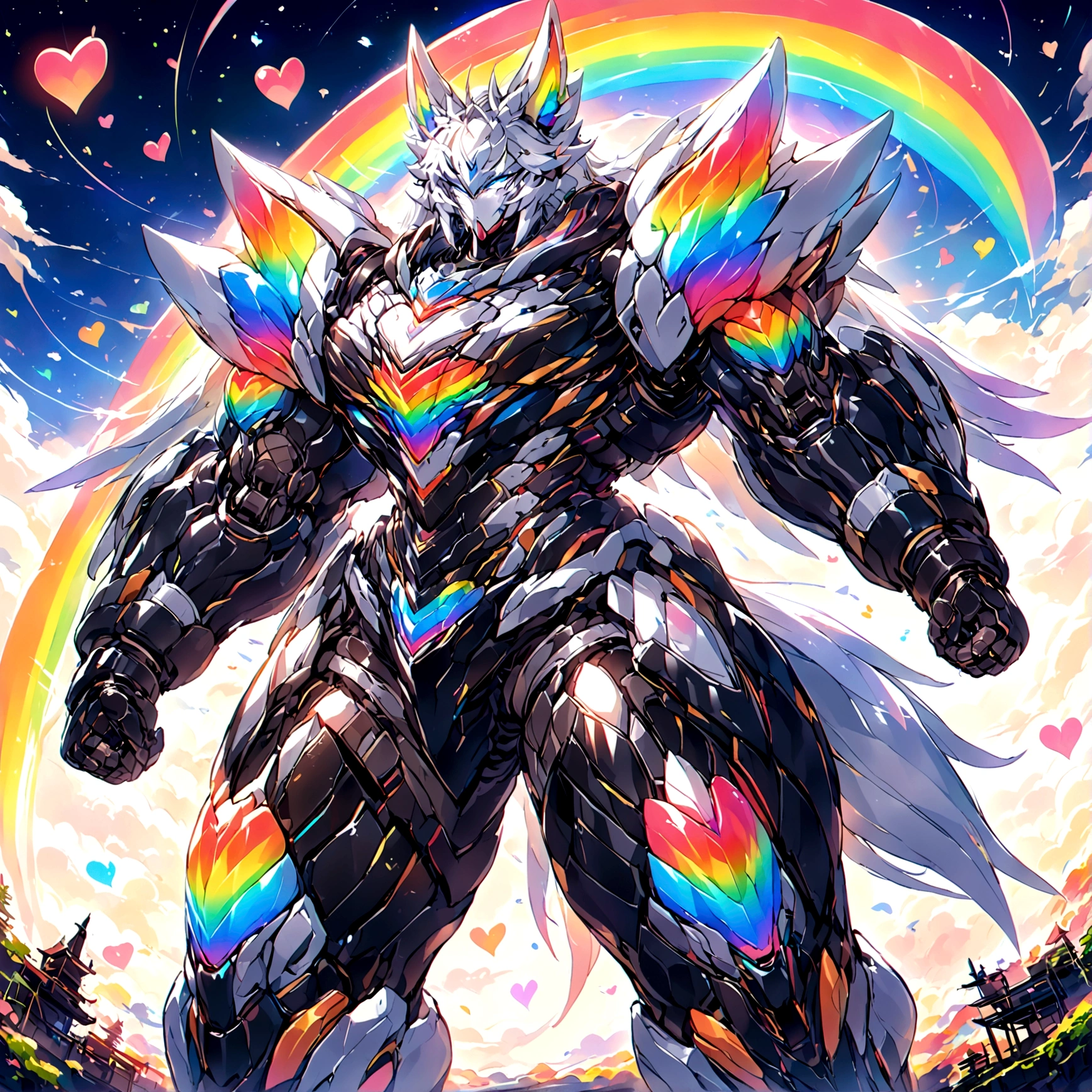 a cute adult male with wolf ears, long white hair, long locks, has a wolf tail, wearing a loose cropped black hoodie, wearing a pair of denim short shorts and fishnet stockings, thick thighs, wide hips, relaxing on mound of fluffy multi colored kawaii plushies, short, very slim, showing slender tummy, heart on hoodie, squishy thighs, has glowing blue eyes. alone, solo (ALONE)(SOLO), surrounded by rainbows, colorful galaxy backround