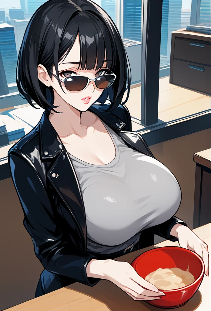 mature woman, mature face, hot face, glossy lips, (black hair, short hair, bowl hair, hime bangs), sunglasses, mature body, big breast, gray tank top, black leather jacket, tight pants, office