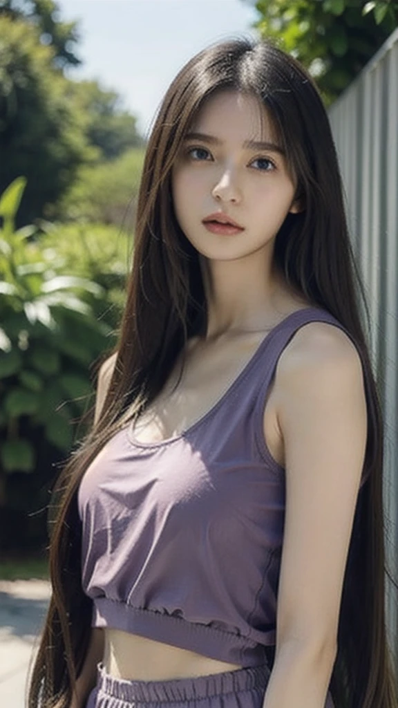 （lifelike， high - resolution：1.3）， 1 girl with a perfect body， Super fine face and eyes，slong hair， Tank top of random colors：1.3， short skirt， big boob，Expose cleavage, Skin texture is natural.