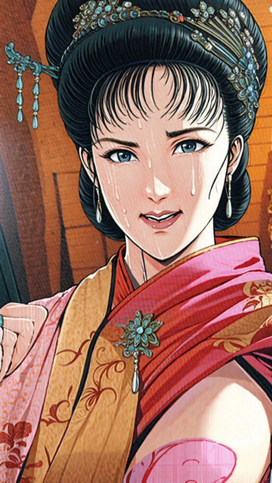 (best quality), (very aesthetic), (ultra-detailed), (best illustration),(a mature female),(perfect face),Suikoden,Mrs. Lin,(((NSFW))),((full_body)),((full_Nude)),(crying),red cheek,sweating,skinny,flushed skin,(hairly),(She is lying on her back completely naked),traditional Chinese bedroom,Legs spread,Spreading the female genitals with fingers