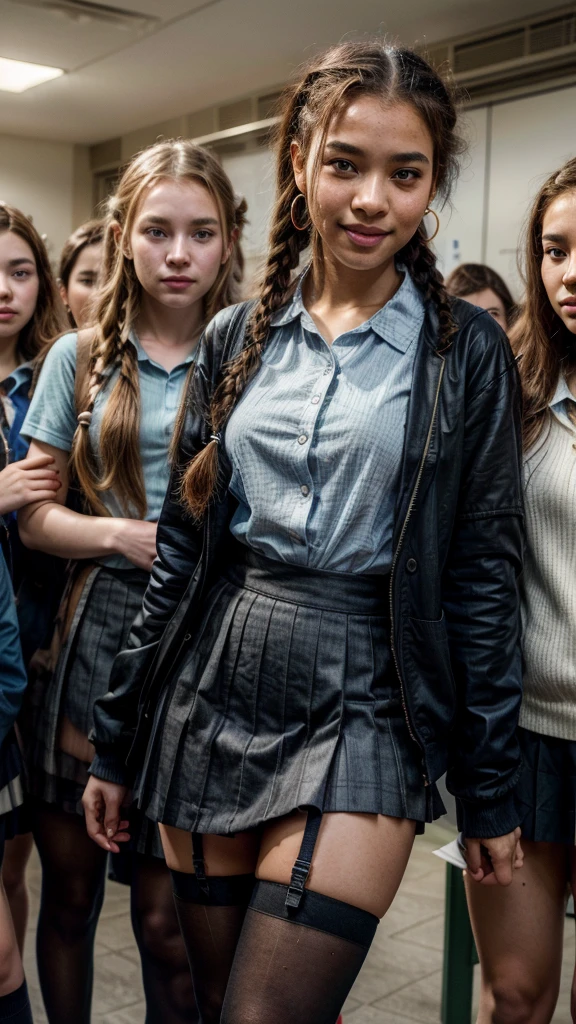 (best quality), (masterpiece:1.2), wide angle photo, full body photo, group photo, 5 young teen schoolgirls, 16 years old, ypung faces, innocent faces, skin imperfections, acne, perfect ruby lips, smiling wistfully, diverse ethicities: ebony, black, white, nordic, indian, diverse hair colors: redhead, blonde, afro, twin braids, heavy freckles, pale skin, makeup, earings, crowded classroom, morning, school, crowd of people, school uniforms, unbottoned blue shirts, tight shirt, , black stockings, open jacket, sexy neckline, large neckline, 16k, photorealistic, real photo, nikon d800