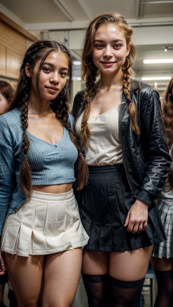 (best quality), (masterpiece:1.2), wide angle photo, full body photo, group photo, 5 young teen schoolgirls, 16 years old, ypung faces, innocent faces, skin imperfections, acne, perfect ruby lips, smiling wistfully, diverse ethicities: ebony, black, white, nordic, indian, diverse hair colors: redhead, blonde, afro, twin braids, heavy freckles, pale skin, makeup, earings, crowded classroom, morning, school, crowd of people, school uniforms, unbottoned blue shirts, tight shirt, , black stockings, , sexy neckline, large neckline, 16k, photorealistic, real photo, nikon d800