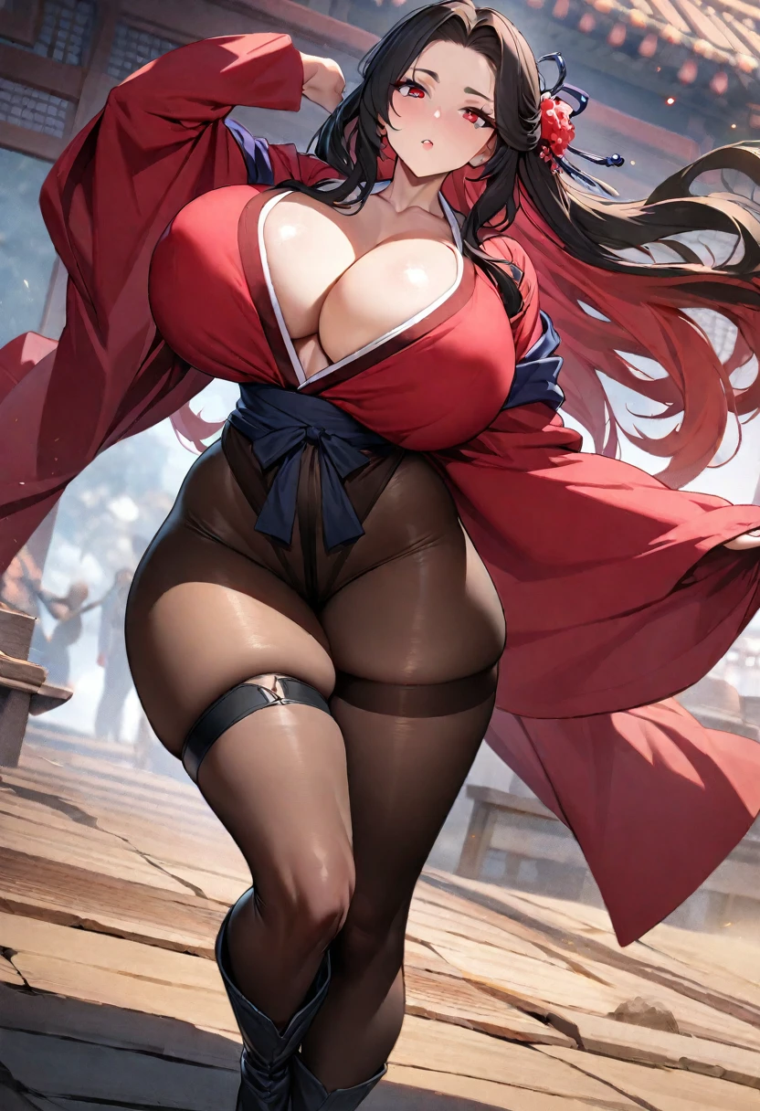 1 handsome woman, whole body, Black long hair, Gorgeous hair accessories, Red Eyes, boots, rad hanfu, martial arts master,Tall, Slender and fleshy thighs,Pantyhose,Thigh straps,huge 、huge breasts,High detail showing chest, Big Ass,Ultra-high resolution, Clear focus, Epic Composition, masterpiece, (Highly detailed CG Unity 8k wallpaper)