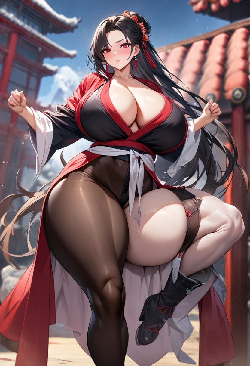 1 handsome woman, whole body, Black long hair, Gorgeous hair accessories, Red Eyes, boots, rad hanfu, martial arts master,Tall, Slender and fleshy thighs,Pantyhose,Thigh straps,huge 、huge breasts,High detail showing chest, Big Ass,Ultra-high resolution, Clear focus, Epic Composition, masterpiece, (Highly detailed CG Unity 8k wallpaper)