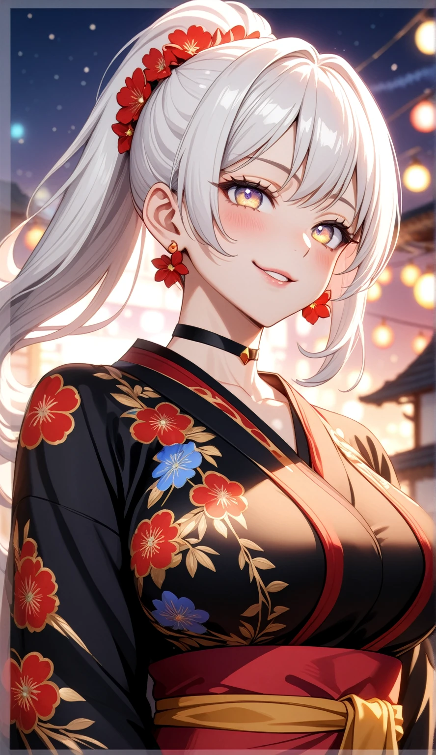 ((One personの女性)), Beautiful Face,(smirk),((Wink:1.9)), Laugh with your mouth wide open,((Bright red cheeks:1.4)),Shiny red lips,night,rooftop,Festive decorations,You can see the ocean, firework,Laughing with your mouth open,Glossy pink lips,Facial lighting,((Anime style background)),masterpiece, Highest quality, so beautiful,up to date, Complex details, (Pink long nails),(ring),(bracelet),(choker),AI-generated, Complex,High resolution, Highest quality, super high quality,3D Images、3D Images,One person,Long white hair,High Ponytail,(Pale eyes),Anime woman posing for a photo, ((fine grain、Silvery white colorful eyes、Shining Eyes:1.4)),(Squint your eyes:1.1),a hyperRealistic , hyperRealistic , Realistic,Anime woman with long white hair, Smooth anime CG art, A woman in a colorful kimono with gold embroidery, (Black long sleeve kimono),Red floral pattern,Long flower hair ornament,big floral earrings,Mature Body,(Big Breasts:1.1),expensive,Abdominal muscles,Tight waist,(Zoom up to face:1.7),Shooting from diagonally below