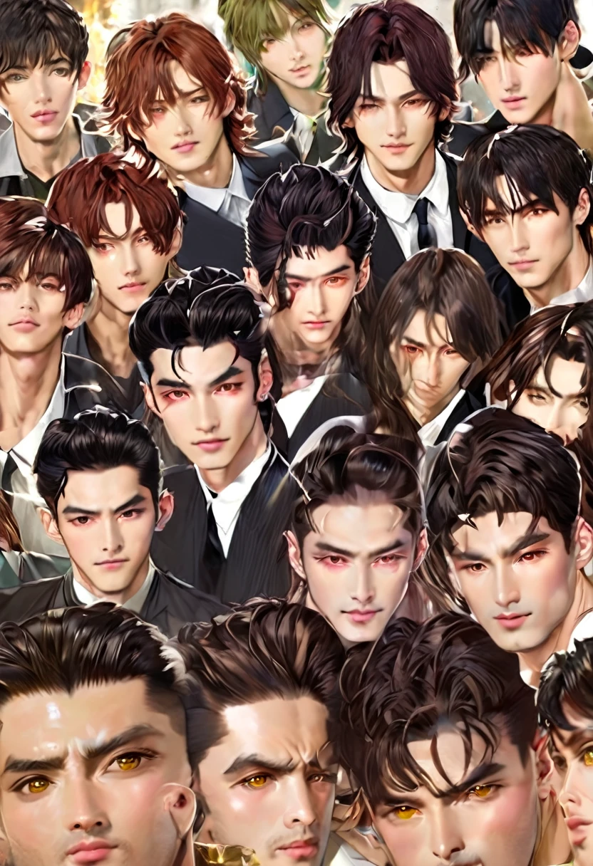 depict a small group of korean guys witj a range of these looks tall lean very buffed korean guy with dark or medium naturally wavy red brown hair kinda angular angles sculpted look and face very light hazel or amberlike or even goldden honey colored eyes yellowish olive complexioned show guy with a variance of this type of looks