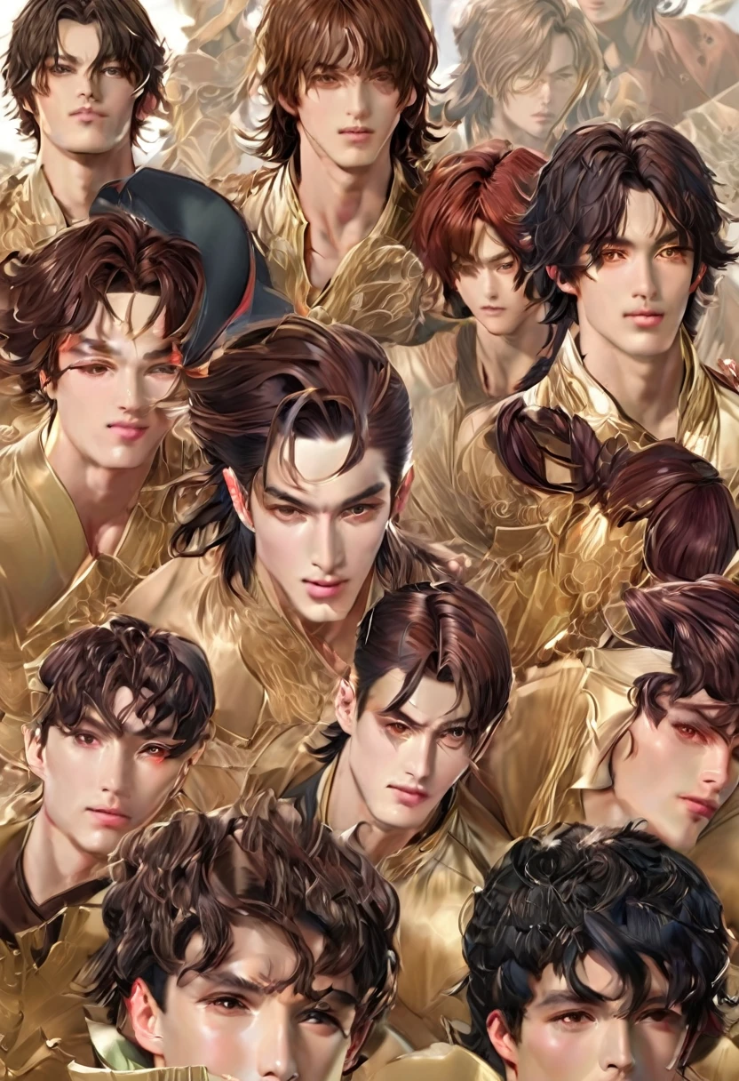 depict a small group of korean guys witj a range of these looks tall lean very buffed korean guy with dark or medium naturally wavy red brown hair kinda angular angles sculpted look and face very light hazel or amberlike or even goldden honey colored eyes yellowish olive complexioned show guy with a variance of this type of looks