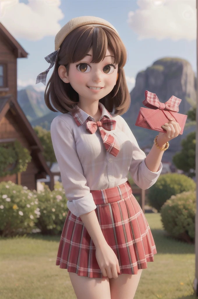 masterpiece, high quality best quality,1girl, bangs, beach, blue_sky, blush, bow, breasts, checkered, checkered_shirt, checkered_skirt, cloud, cloudy_sky, collarbone, day, envelope, giving, grass, hair_bow, heart, holding, holding_letter, horizon, incoming_gift, kazami_yuuka, leaning_forward, lens_flare, letter, light_rays, long_hair, looking_at_viewer, love_letter, mountain, mountainous_horizon, ocean, outdoors, plaid, plaid_background, plaid_bikini, plaid_bow, plaid_bowtie, plaid_, plaid_dress, plaid_headwear, plaid_jacket, plaid_legwear, plaid_necktie, plaid_neckwear, plaid_, plaid_pants, plaid_ribbon, plaid_scarf, plaid_shirt, plaid_skirt, plaid_vest, pov, shirt, skirt, sky, smile, solo, sun, sunbeam, sunlight, tree, unmoving_pattern
