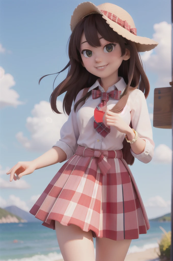 masterpiece, high quality best quality,1girl, bangs, beach, blue_sky, blush, bow, breasts, checkered, checkered_shirt, checkered_skirt, cloud, cloudy_sky, collarbone, day, envelope, giving, grass, hair_bow, heart, holding, holding_letter, horizon, incoming_gift, kazami_yuuka, leaning_forward, lens_flare, letter, light_rays, long_hair, looking_at_viewer, love_letter, mountain, mountainous_horizon, ocean, outdoors, plaid, plaid_background, plaid_bikini, plaid_bow, plaid_bowtie, plaid_, plaid_dress, plaid_headwear, plaid_jacket, plaid_legwear, plaid_necktie, plaid_neckwear, plaid_, plaid_pants, plaid_ribbon, plaid_scarf, plaid_shirt, plaid_skirt, plaid_vest, pov, shirt, skirt, sky, smile, solo, sun, sunbeam, sunlight, tree, unmoving_pattern