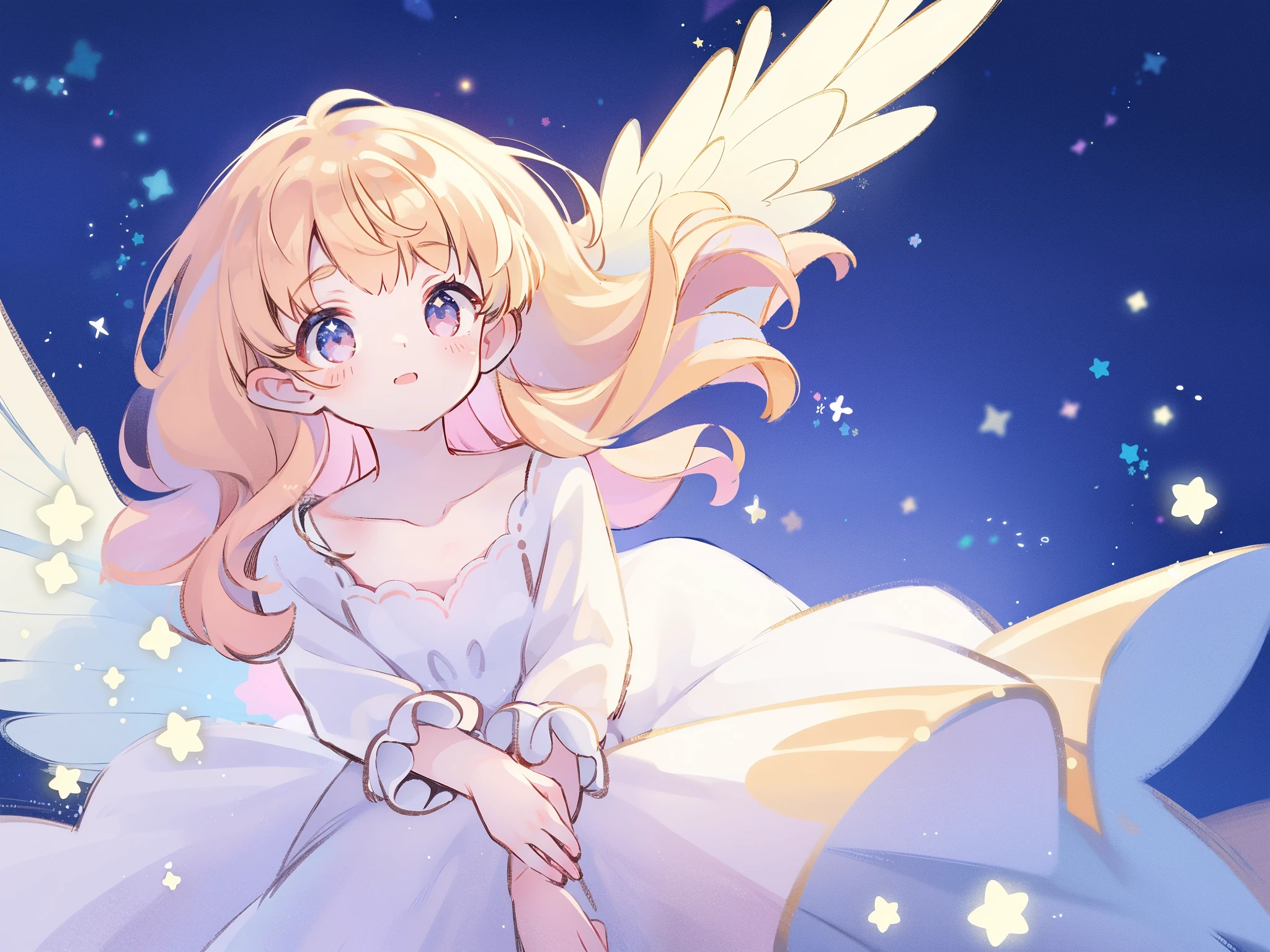 angel girl wearing an ethereal translucent dress, pale skin and light pink hair, white feathers, angel wings, sparkling detailed eyes, golden ratio face, perfect composition, highly detailed, ethereal, (starry night sky background), midjourney style