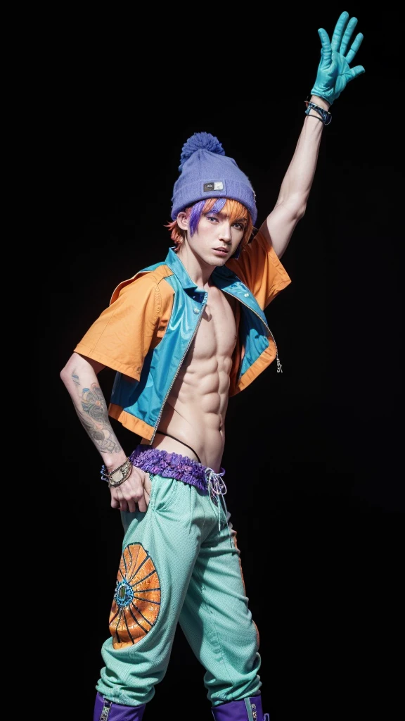 An orange-skinned, blue-haired Alien with a beachy hat, with a blue, green, red and purple beachy floral textured vest, with blue and purple futuristic pants and boots with orange beach details, full black background, highly detailed 