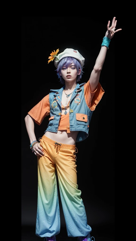An orange-skinned, blue-haired Alien with a beachy hat, with a blue, green, red and purple beachy floral textured vest, with blue and purple futuristic pants and boots with orange beach details, full black background, highly detailed