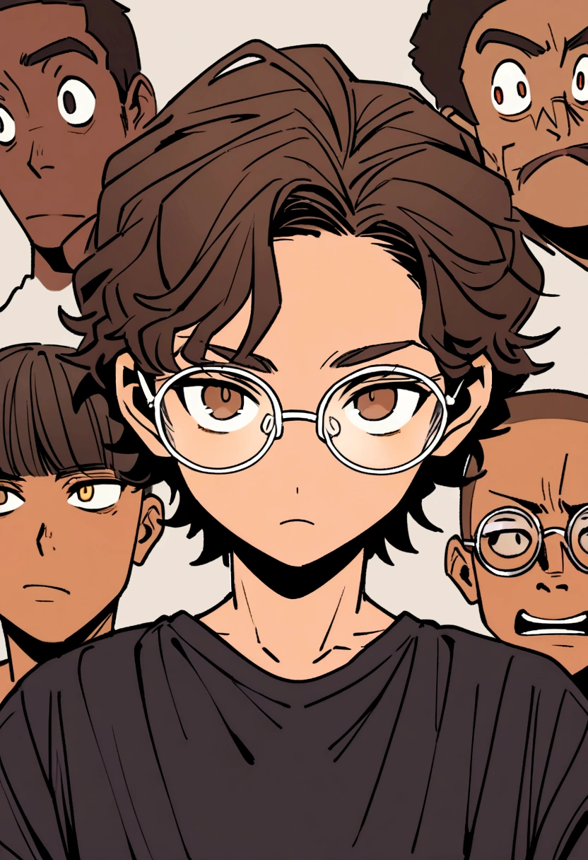 Generates a brown brown man,medium short brown hair,with round silver glasses and brown eyes and oval face 15 years old with dark t-shirt not so handsome