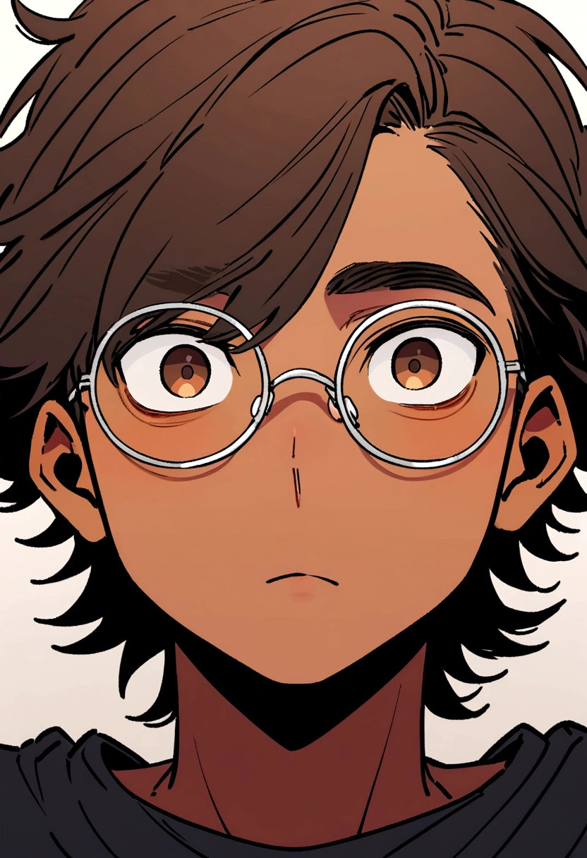 Generates a brown brown man,medium short brown hair,with round silver glasses and brown eyes and oval face  with dark t-shirt not so handsome