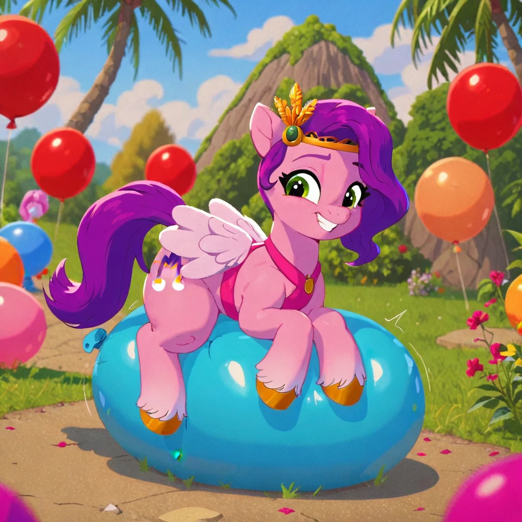 cinematic film still score_9, score_8_up, score_7_up, score_6_up, score_5_up, score_4_up, Digital art, cute, 
Pipp Petals, earth pony, muscular, smirking, feral,
rating_questionable,
meadow, 
(balloon fetish, looner, sitting on a balloon, balloon sitting:1.2), 
(detailed balloon, one balloon, sitpop:1.3), 
thick thighs, balloon fetish, sitting on a balloon, one balloon, too heavy,
(tied balloon, tight balloon, necked balloon:1.2), 
foreshortening, depth of field, motion lines, 
emphasis lines, impact emanata,
screencap,  . shallow depth of field, vignette, highly detailed, high budget, bokeh, cinemascope, moody, epic, gorgeous, film grain, grainy