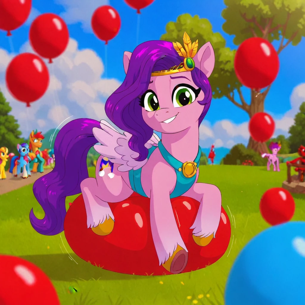 cinematic film still score_9, score_8_up, score_7_up, score_6_up, score_5_up, score_4_up, Digital art, cute, 
Pipp Petals, earth pony, muscular, smirking, feral,
rating_questionable,
meadow, 
(balloon fetish, looner, sitting on a balloon, balloon sitting:1.2), 
(detailed balloon, one balloon, sitpop:1.3), 
thick thighs, balloon fetish, sitting on a balloon, one balloon, too heavy,
(tied balloon, tight balloon, necked balloon:1.2), 
foreshortening, depth of field, motion lines, 
emphasis lines, impact emanata,
screencap,  . shallow depth of field, vignette, highly detailed, high budget, bokeh, cinemascope, moody, epic, gorgeous, film grain, grainy