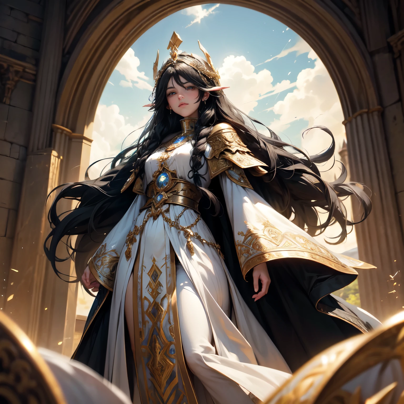 Create an 8K ultra HD digital image of a majestic black-haired Aasimar Druid from the Circle of Dreams, long and smooth, dressed in druidic regalia of royalty, in the castle&#39;s royal library. The druid has brown eyes and fair skin. He is dressed in a royal robe of dark green velvet with gold and silver trim., Adorned with magical jewels that glow softly. He wears a golden crown with precious stones, gold bracelets on her wrists and a magical amulet around her neck. In the royal library, the druid wields the Sword of Zeus. The sword is made of celestial gold and emits golden rays, with divine inscriptions along the blade that shine brightly. The hilt of the sword is adorned with small rays and lightning., symbolizing his supreme power. He holds the sword in a pose of wisdom, while electric sparks dance around you. The Sword of Zeus is known for its ability to control thunder and lightning, and an aura of divine power emanates from her. The royal library is filled with tall shelves filled with ancient and rare books. Reading tables with crystal lamps and comfortable armchairs create an environment for study and contemplation. Large windows let in natural light, illuminating the room with a soft glow. The image should capture the wisdom and tranquility of the library, highlighting the druid&#39;s interaction with the Sword of Zeus.