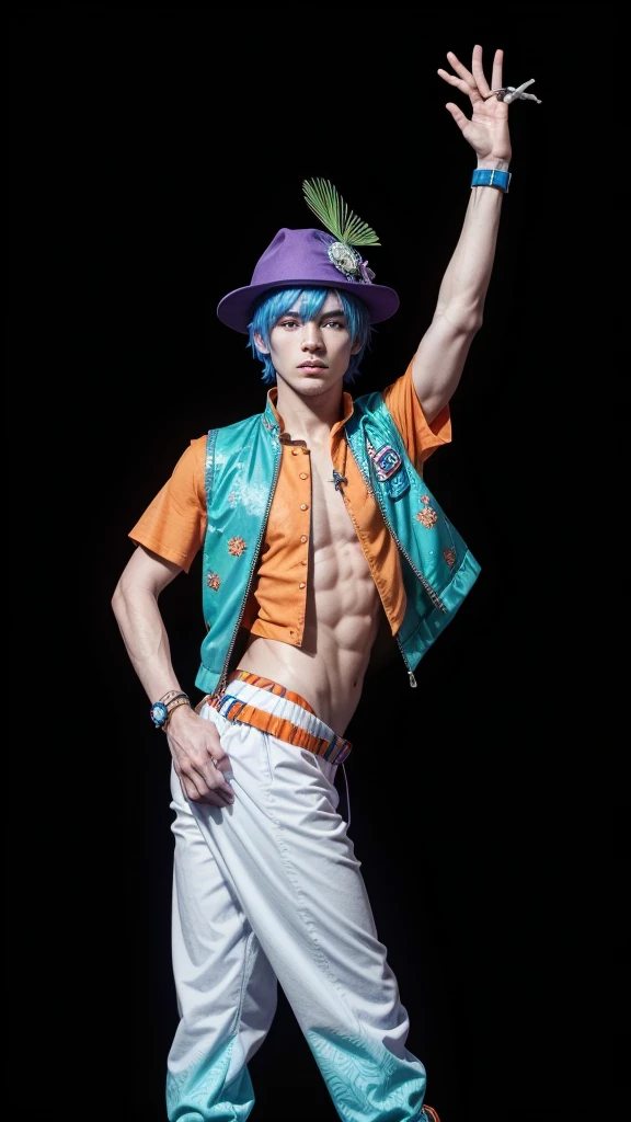 An orange-skinned, blue-haired Alien with a beachy hat, with a blue, green, red and purple beachy floral textured vest, with blue and purple futuristic pants and boots with orange beach details, full black background, highly detailed 