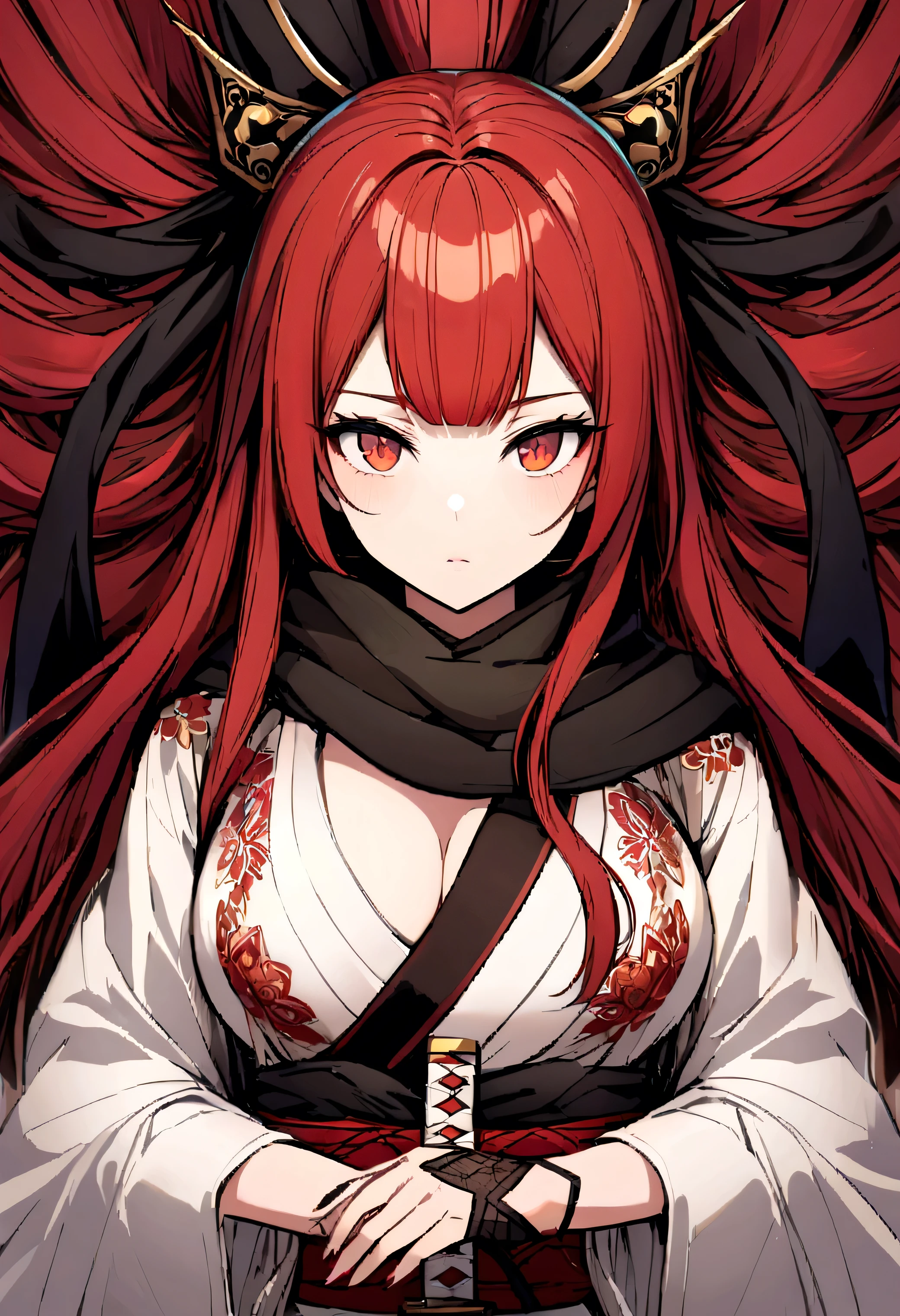She has red hair with a beautiful face and red eyes with a dress that is a white yukata with black edges that has a black scarf that is a white yukata and that she has a katana as if she were a samurai that has more chest