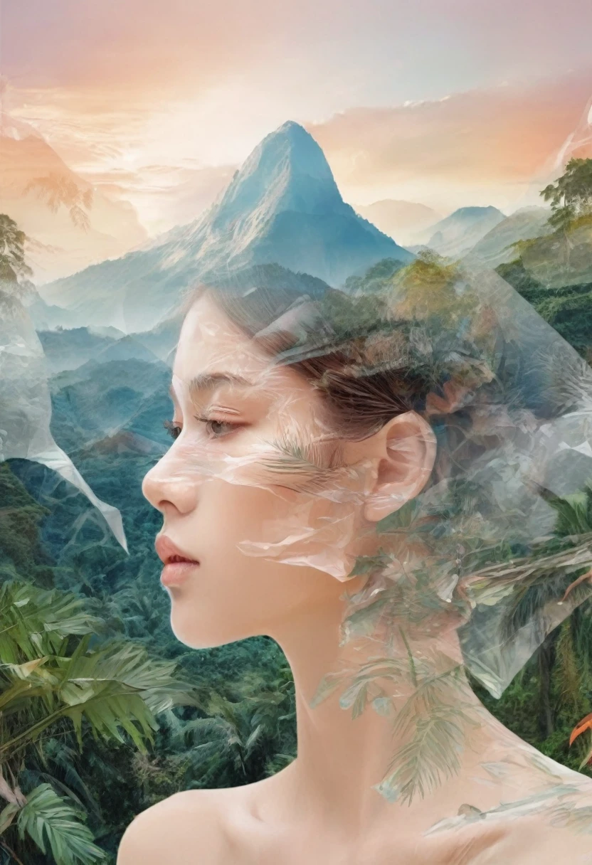 Dubrec style，Girl  face close-up，Jungle mountains image foreground，（multiple exposure：1.8），Complex illustrations in surrealist art style，Surreal dreams