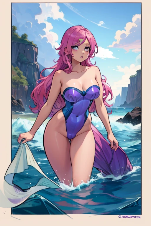 A pink haired female mermaid with violet eyes and an hourglass figure in violet shells and a pink mermaid tail is swimming at night in the waves