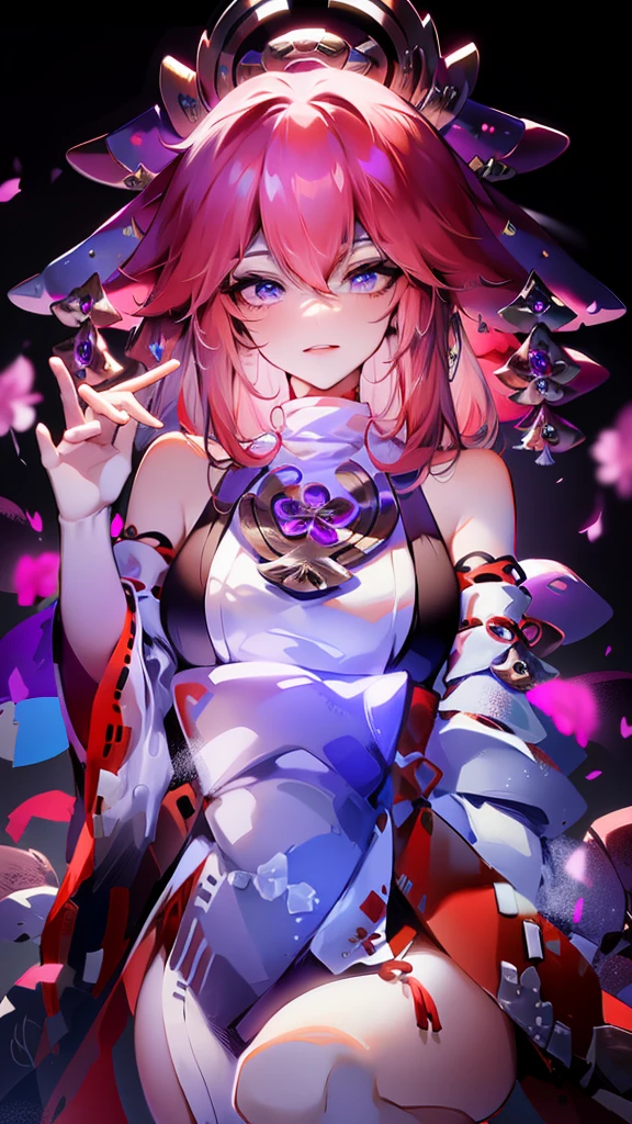 a beautiful detailed anime girl, yae miko, long silver hair, elegant purple kimono, exquisite facial features, mesmerizing eyes, graceful pose, magical glowing fox spirits, vibrant colors, cinematic lighting, digital painting, concept art style, 8k, highest quality, extremely detailed, photorealistic